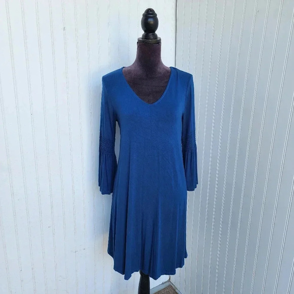 Spense Stretch Viscose Teal Turquoise Knee Length Dress Bell Sleeve V-Neck Sz M - Picture 1 of 10